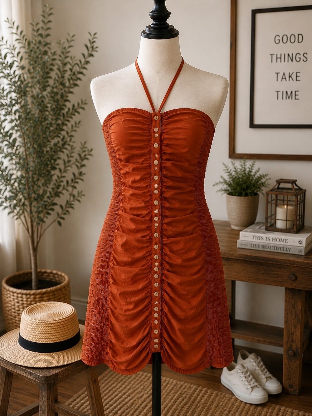 Free People Hold On Halter Mini Dress Orange Ruched Button Front Smocked L